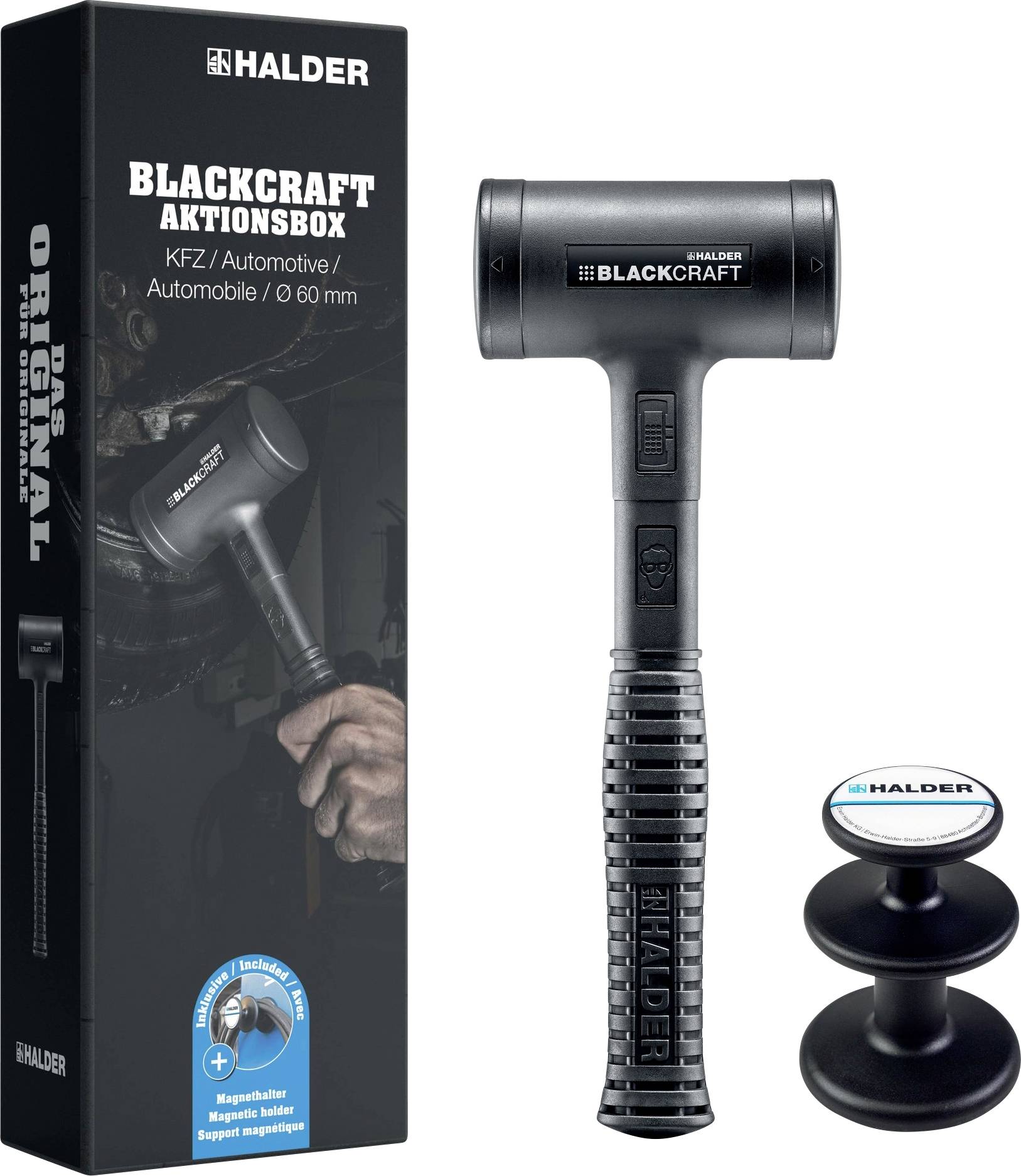 Ensemble d'outils automatiques « HALDER BLACKCRAFT », comprenant un maillet en caoutchouc noir, deux outils de retrait de panneaux automobiles noir et bleu, et une boîte d'emballage.
