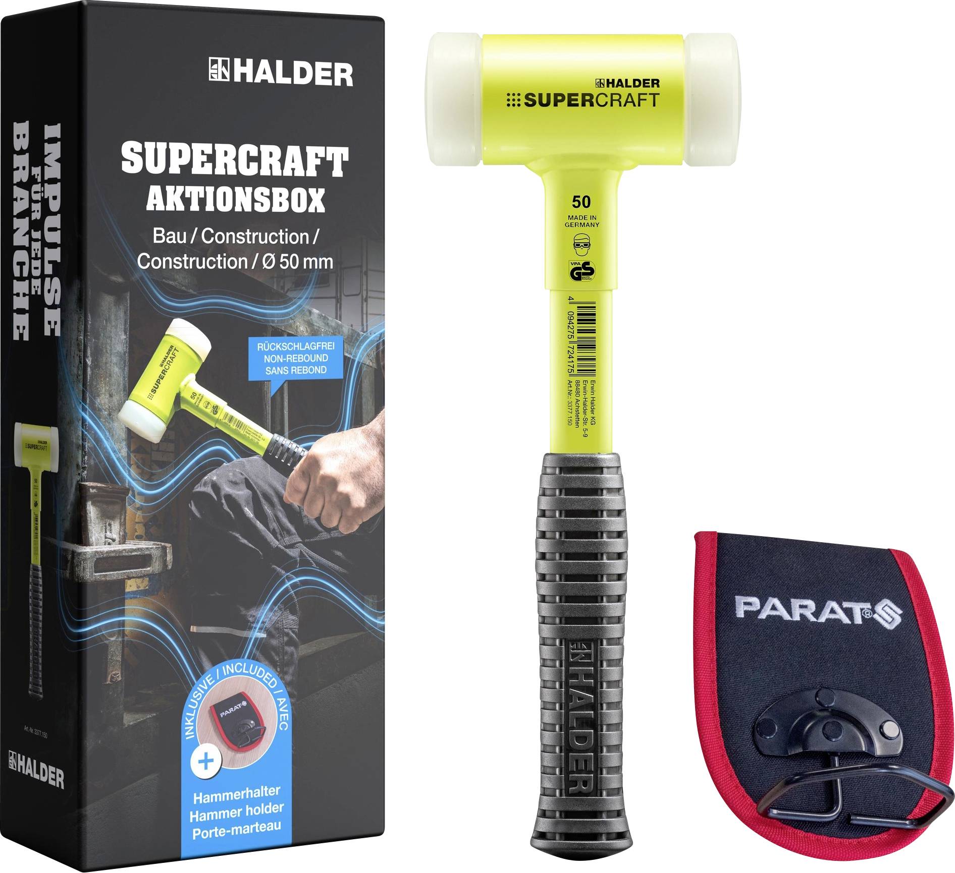 Un ensemble sous coffret pour la construction comprend un marteau jaune étiqueté « Supercraft » avec une poignée noire, un support de marteau en métal et une pochette rouge.