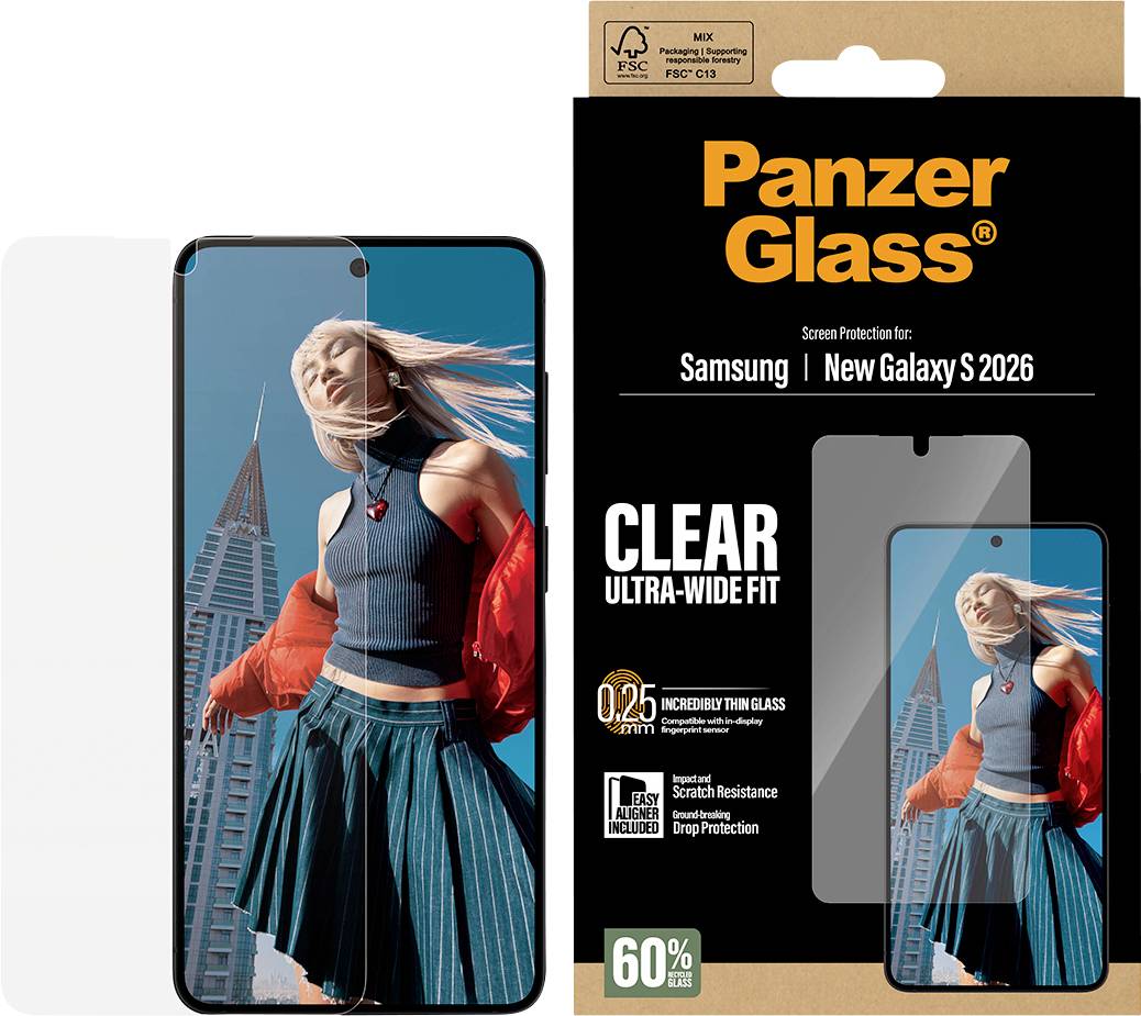 Protecteur d'écran 'Panzer Glass' pour Samsung Galaxy S 2026, présentant un protecteur transparent et une image d'une femme en mouvement.