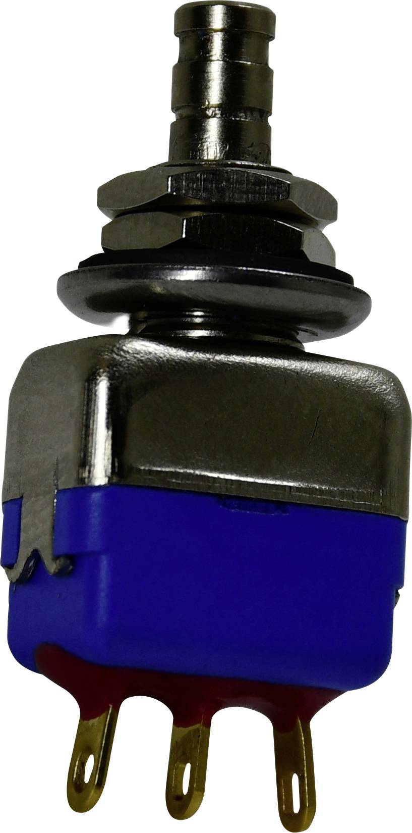 Un interrupteur à bascule métallique avec un boîtier en plastique bleu et trois bornes dorées.