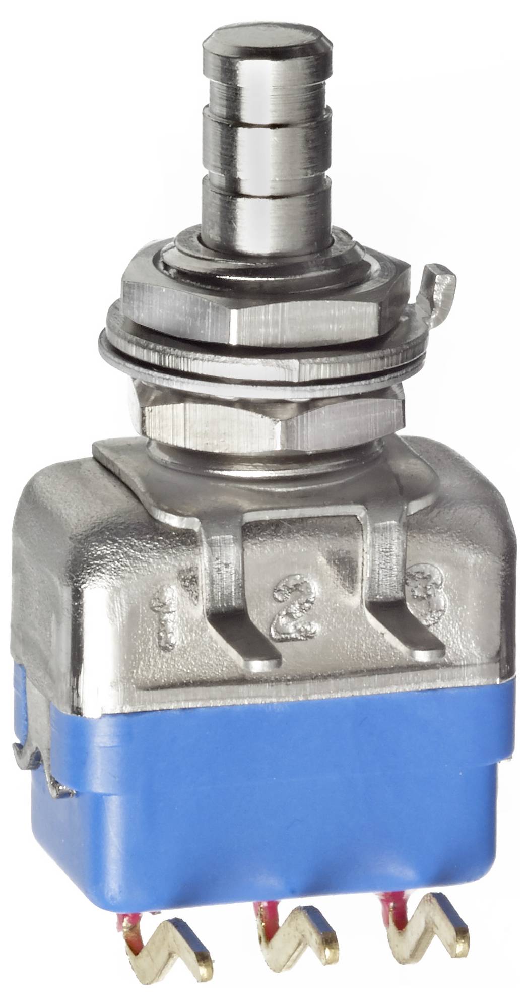 Un commutateur à bascule métallique avec un écrou hexagonal et un boîtier en plastique bleu comportant trois broches métalliques à la base pour les connexions électriques.