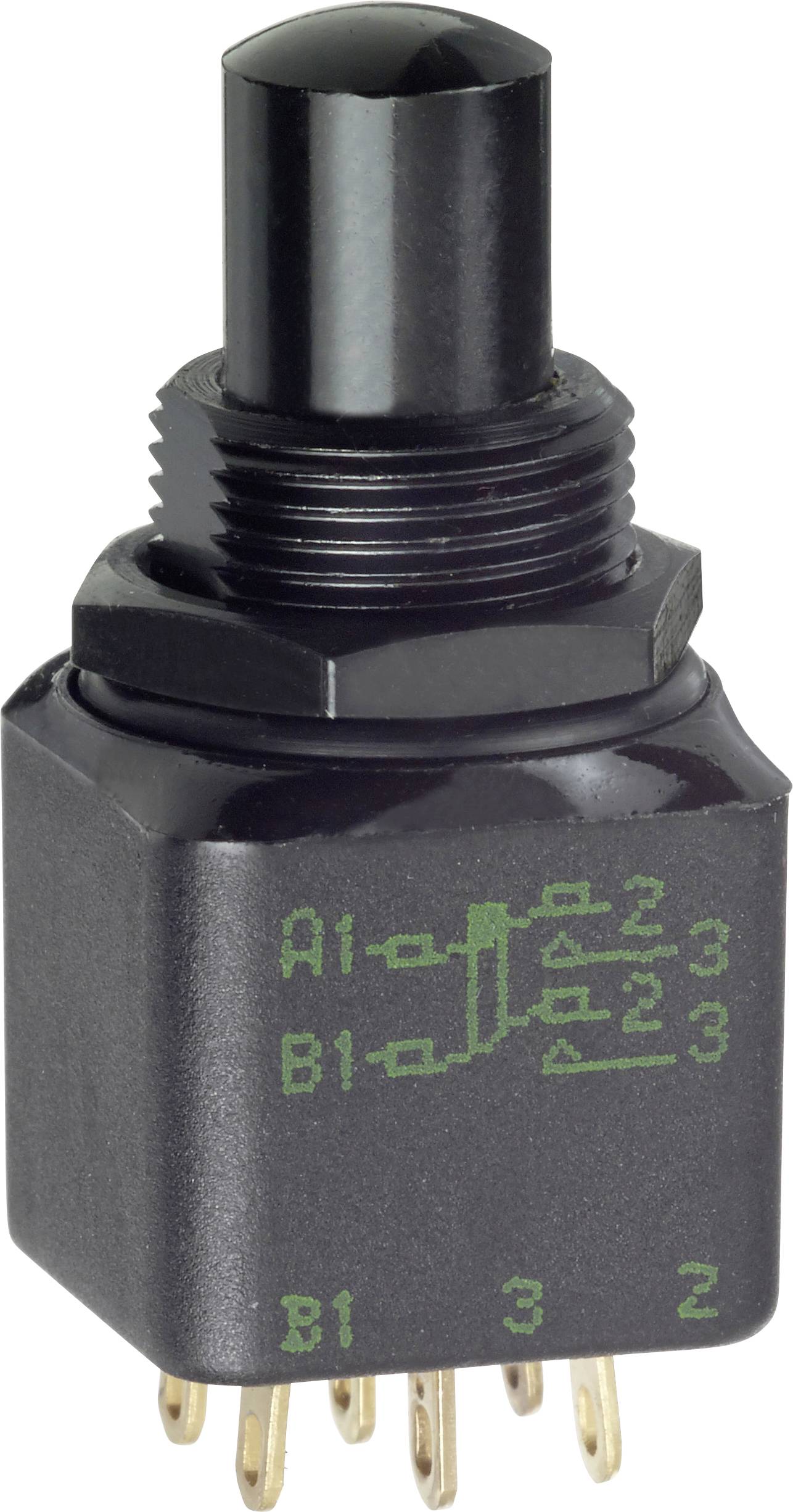 Commutateur rotatif noir avec plusieurs bornes et positions étiquetées A1-B1, 1-2-3. Utilisé pour contrôler les circuits électriques.