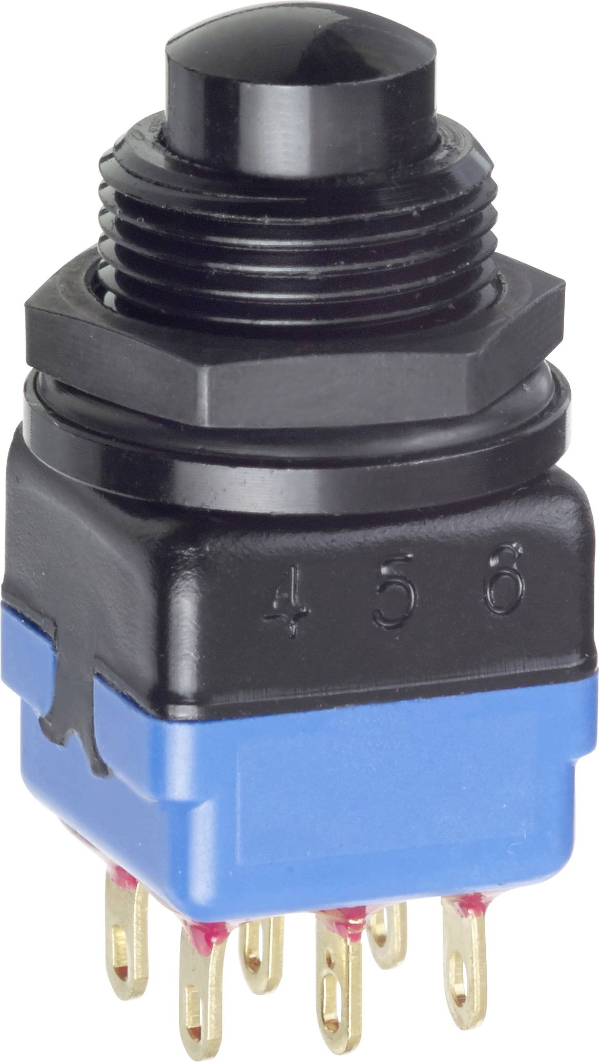 « Un interrupteur à bouton-poussoir noir avec une base bleue et plusieurs broches dorées, étiqueté avec les chiffres 4, 5, 6 sur le côté. »
