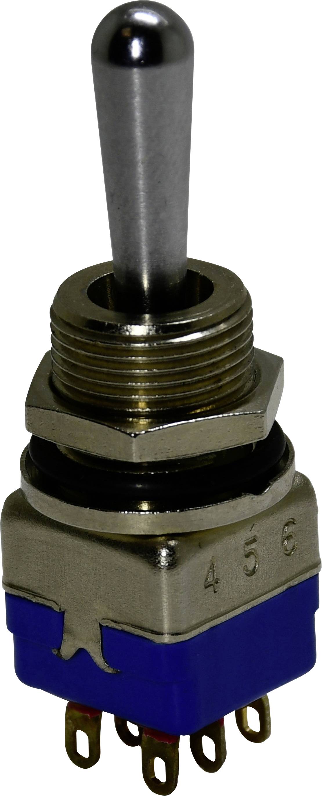 Interrupteur à bascule avec levier métallique, boîtier bleu et six broches électriques pour montage, couramment utilisé dans les circuits électroniques.
