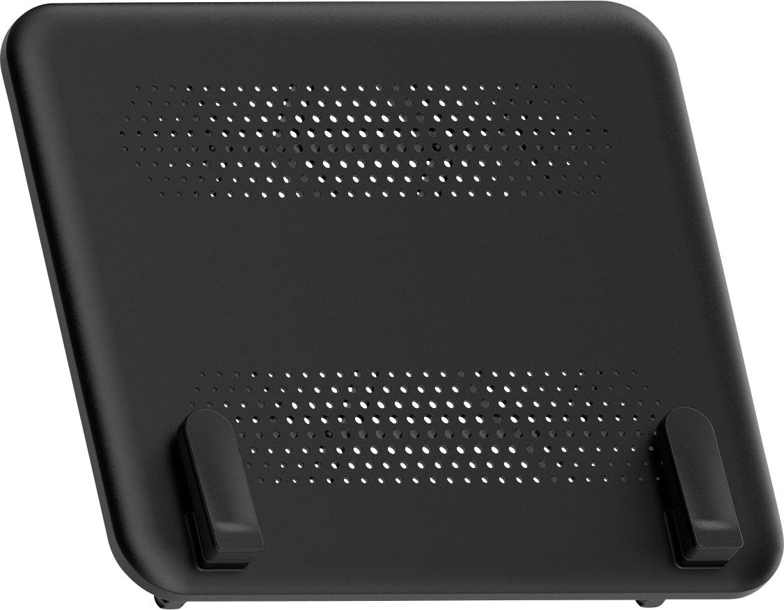 Un support pour ordinateur portable noir avec un design perforé pour le refroidissement, doté de deux clips avant ajustables pour maintenir l'appareil de manière sécurisée en place.