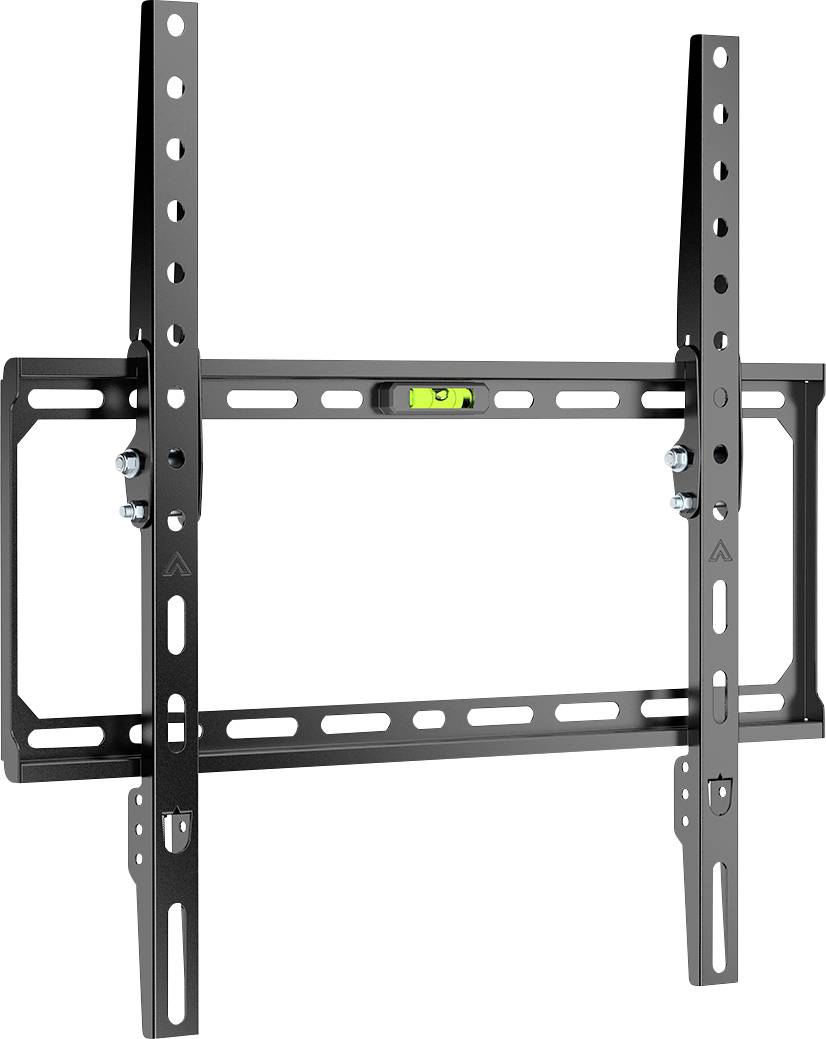 Un support mural de téléviseur noir avec un indicateur de niveau centré sur la barre supérieure, conçu pour les téléviseurs à écran plat, doté de supports réglables.