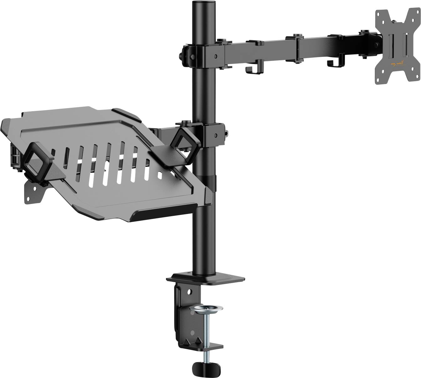 Support pour moniteur et ordinateur portable avec bras ajustables ; supporte un écran et un ordinateur portable, idéal pour l'organisation de l'espace de travail et la configuration ergonomique.