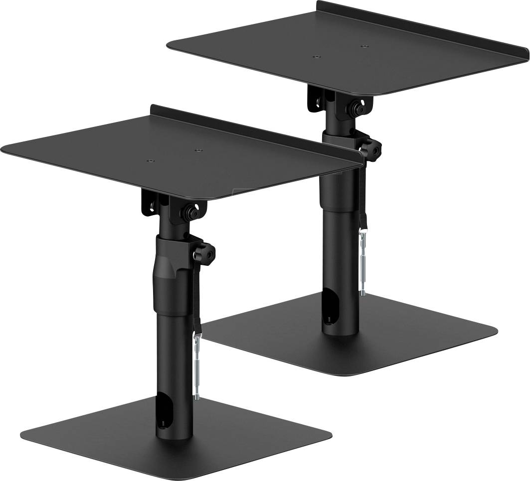 Une paire de supports de haut-parleurs noirs réglables avec bases carrées et plateaux supérieurs, conçus pour supporter les haut-parleurs à différentes hauteurs.