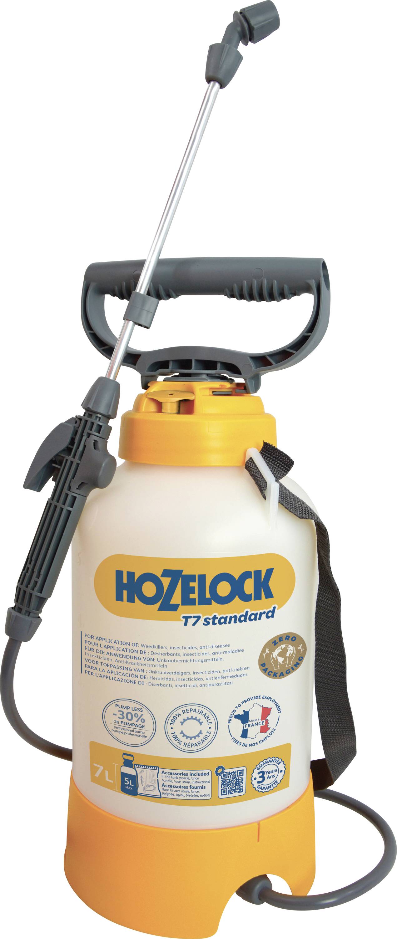 Pulvérisateur à pression 'HOZELOCK 7L standard' avec poignée et buse réglable, conçu pour le jardinage. Dispose de graduations de mesure et d'icônes d'utilisation.