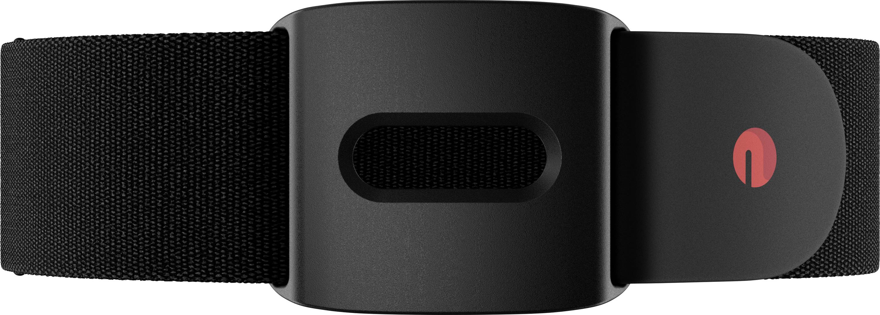 Une sangle thoracique intelligente noire pour moniteur de fréquence cardiaque avec une bande ajustable et un bouton rouge au centre.