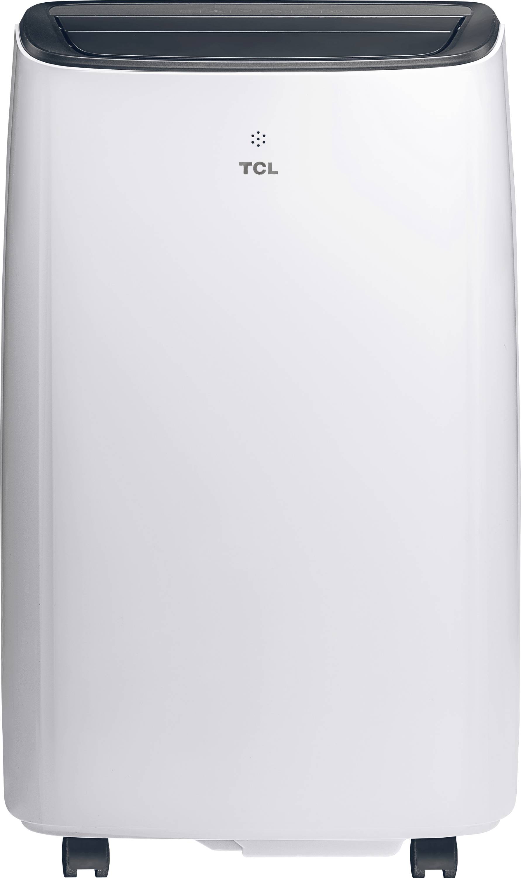 Un climatiseur portable blanc avec un écran numérique au sommet et des roulettes à la base pour une mobilité facile, de marque « TCL ».