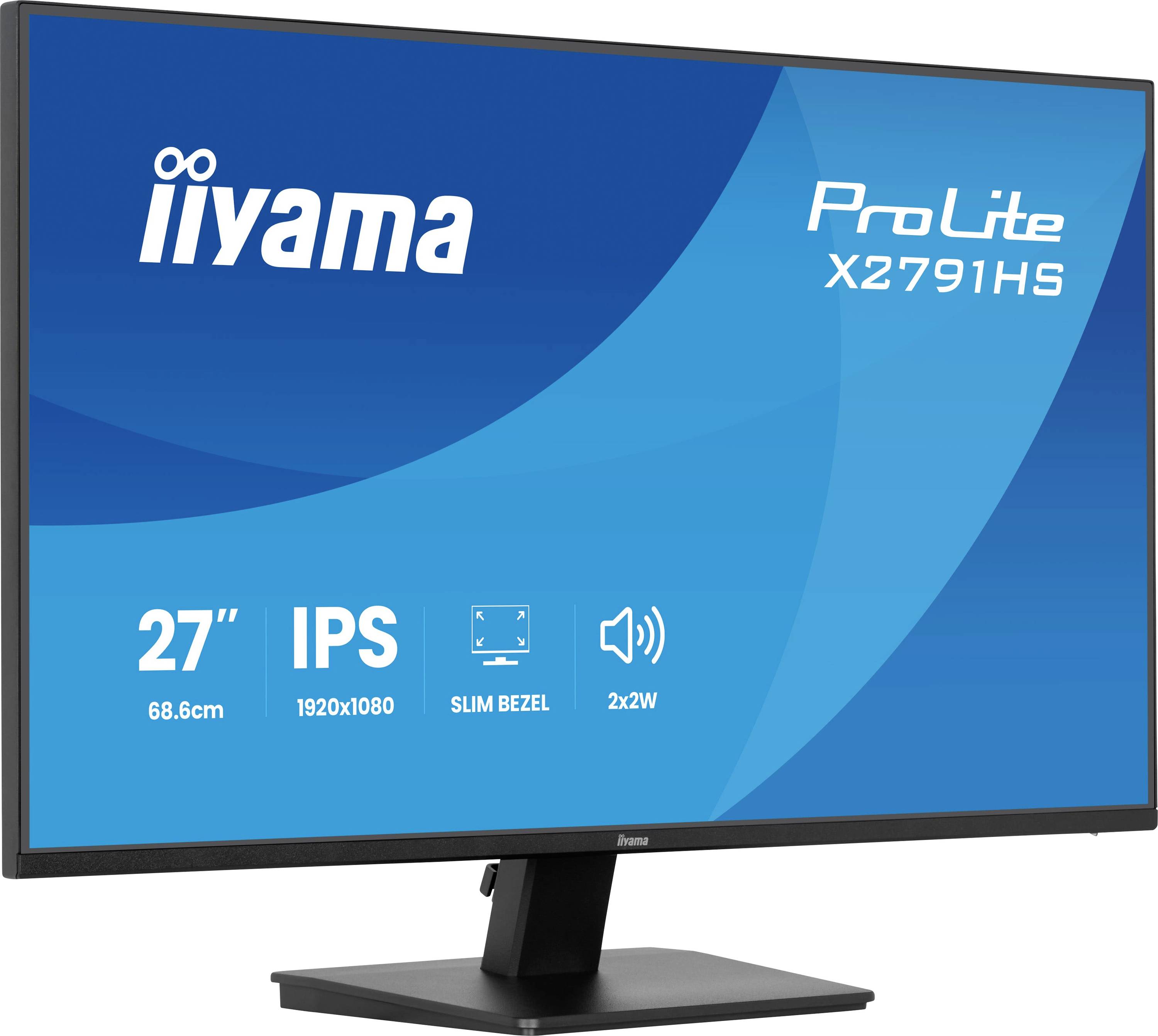 Un affichage de moniteur montrant la marque « iiyama » et le modèle « ProLite X2791HS ». Les caractéristiques incluent un écran de 27 pouces, IPS, résolution 1920x1080.
