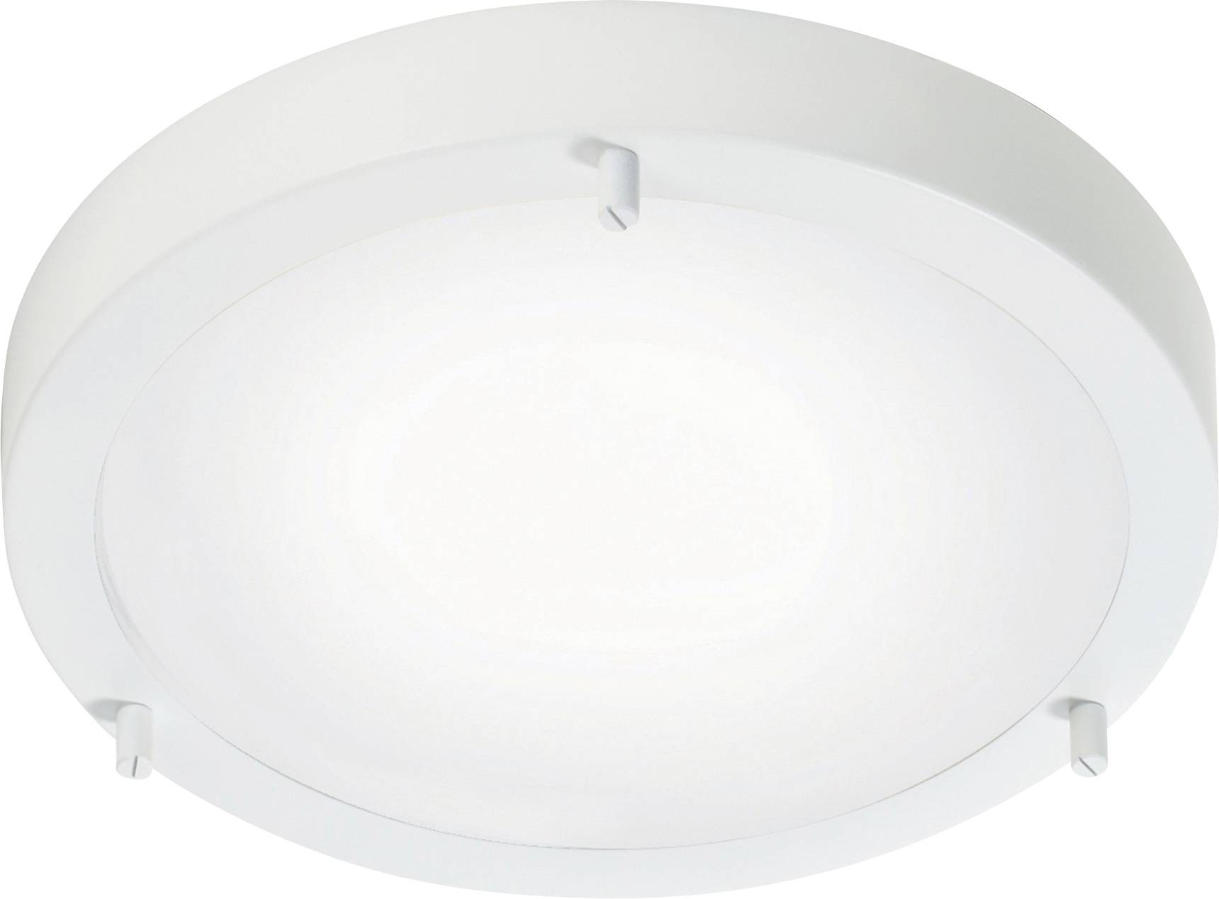 Un luminaire de plafond blanc et rond avec un design épuré et de petites pinces de montage autour du bord.