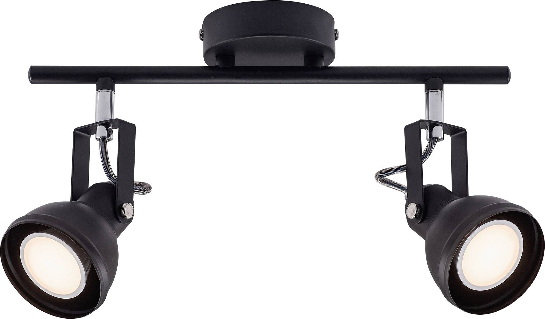 Un luminaire noir monté au plafond avec deux projecteurs ajustables orientés vers le bas.
