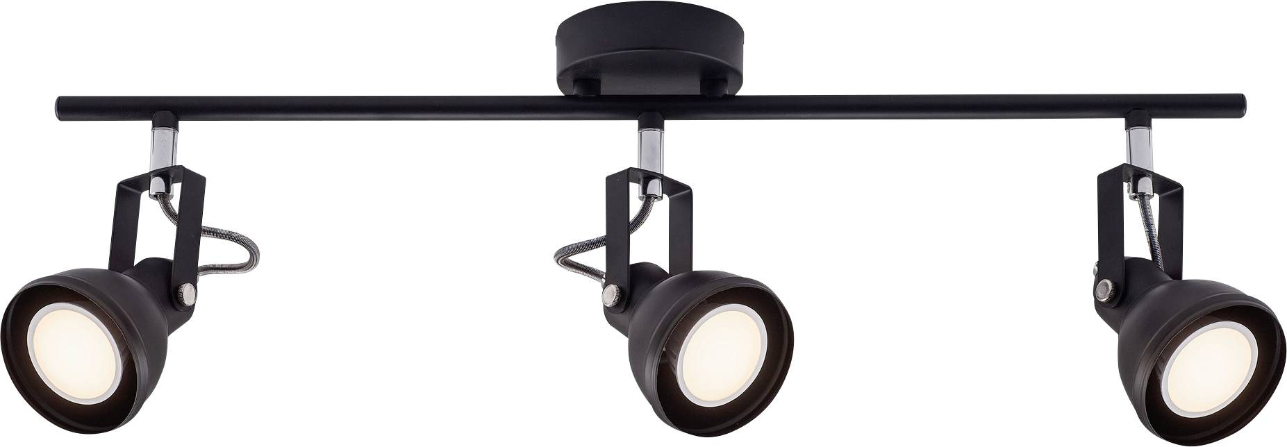 Un luminaire de plafond sur rail trois lumières avec projecteurs ajustables montés sur une tige noire, adapté à l'éclairage intérieur moderne.
