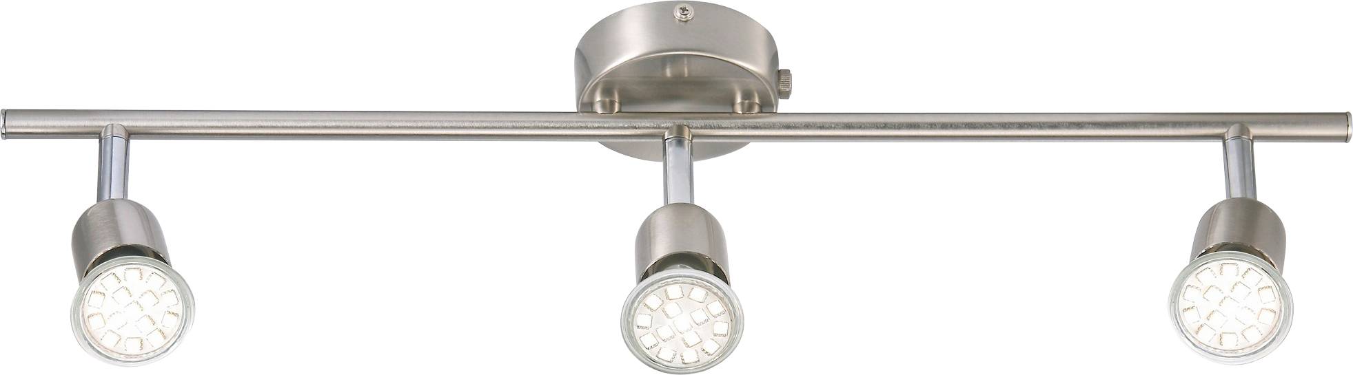 Un appareil d'éclairage de plafond sur rail argenté moderne avec trois projecteurs LED ajustables disposés en rangée, montés sur une base circulaire.