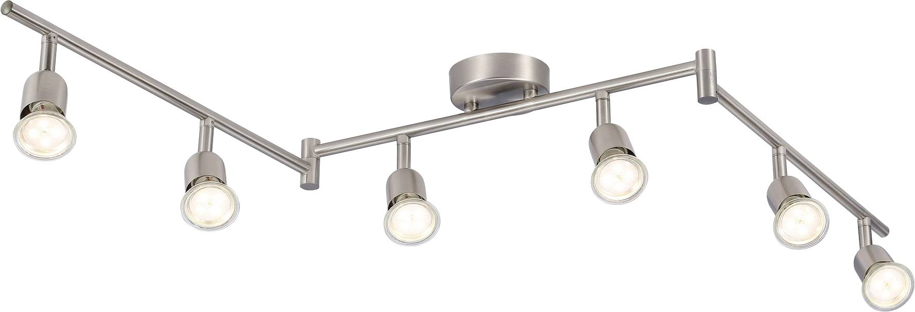 Un luminaire de rail moderne avec six projecteurs orientables dans une finition nickel brossé élégante.