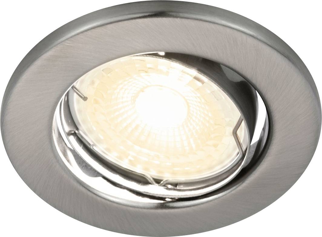Un luminaire de plafond encastré en métal brossé de forme ronde avec une ampoule LED chaude et brillante.