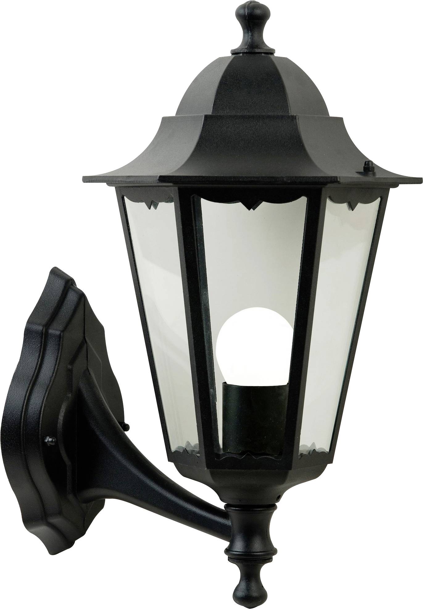 Lanterne murale extérieure noire avec un design classique, dotée d'une enceinte en verre et d'une ampoule visible à l'intérieur, montée sur un support mural décoratif.