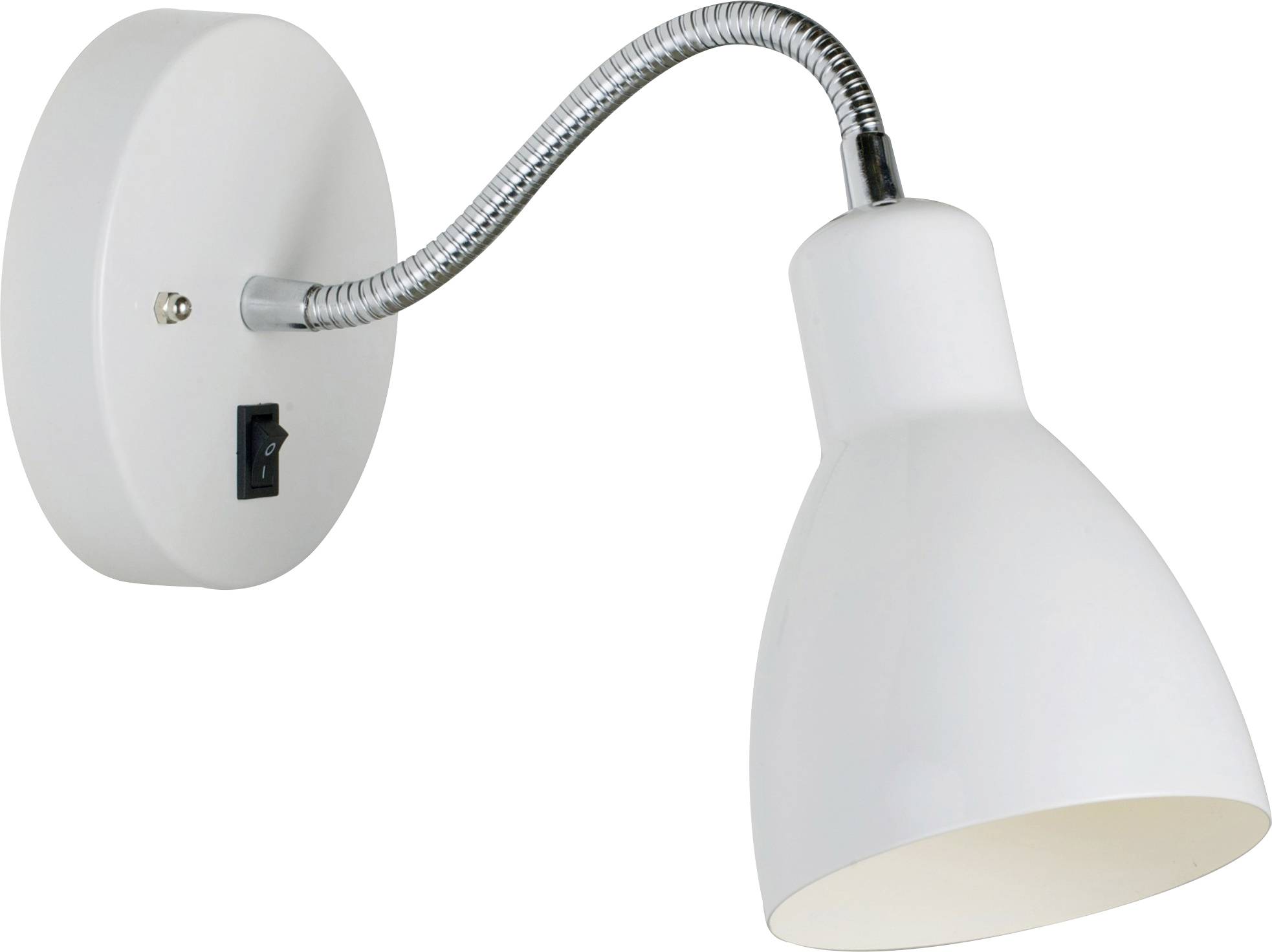 Une lampe de lecture blanche montée sur le mur avec un bras flexible et un interrupteur à la base, adaptée pour diriger la lumière selon les besoins.