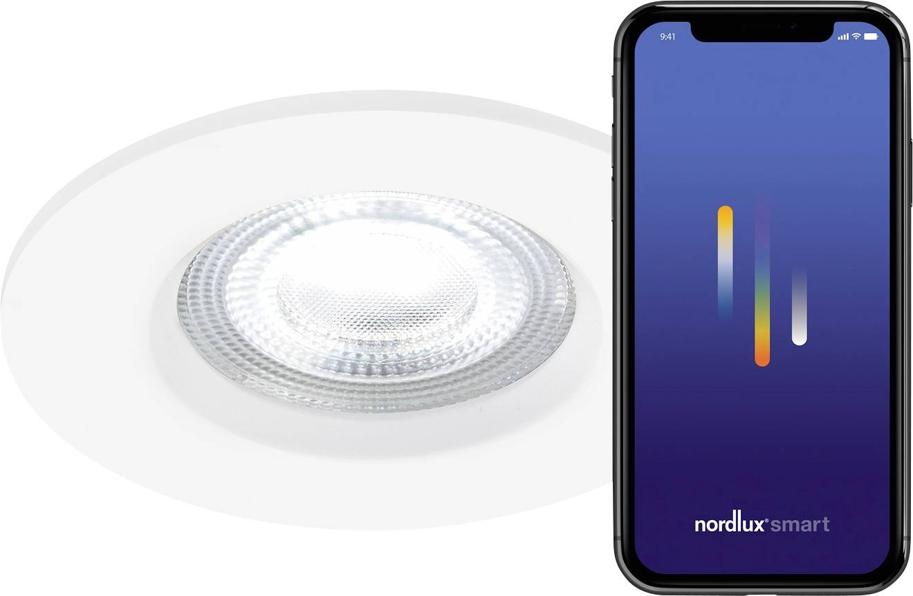 Un écran de smartphone affichant l'application « nordlux smart » à côté d'une lampe de plafond LED intelligente, indiquant la compatibilité et les fonctionnalités de contrôle.
