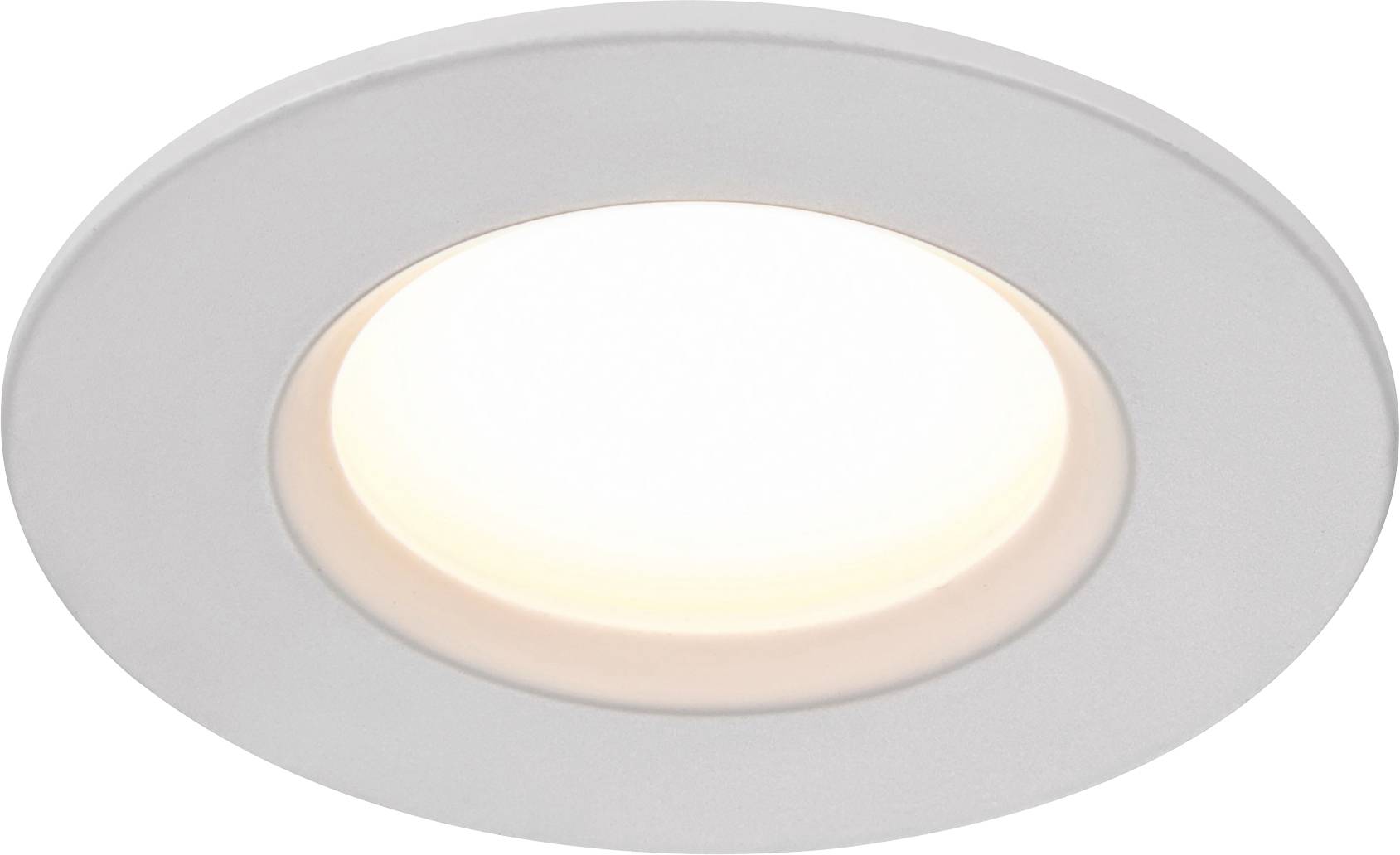 Une lumière de plafond encastrée blanche avec un centre lumineux, sur un fond uni.