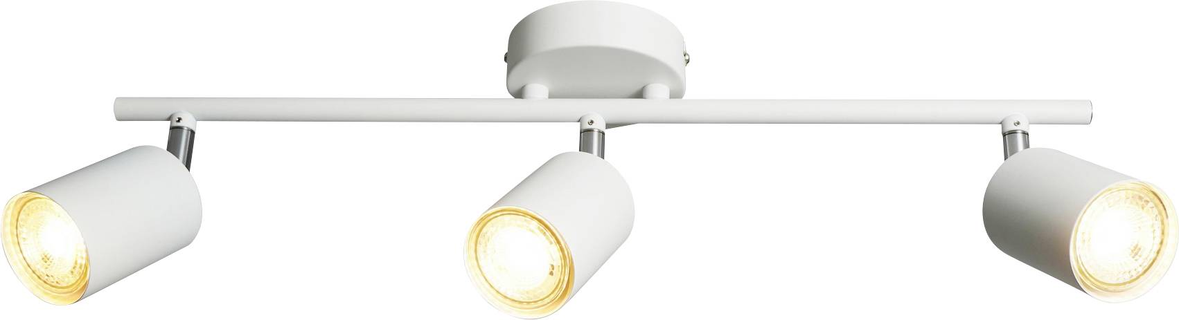 Un luminaire de plafond blanc avec trois projecteurs ajustables. Chaque projecteur a une forme cylindrique et émet une lumière chaude et concentrée.