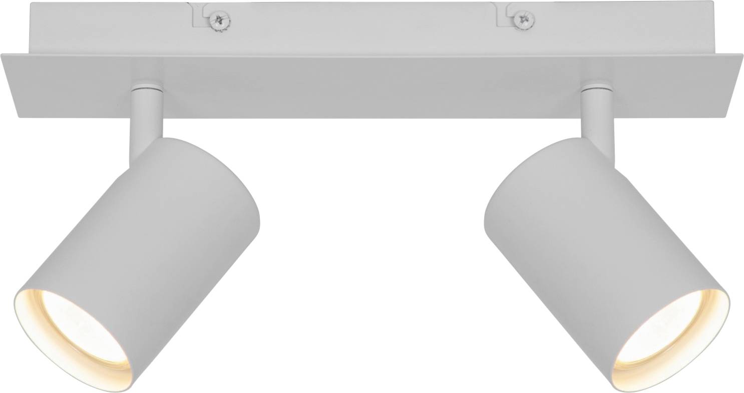 Luminaire de plafond moderne avec deux projecteurs cylindriques ajustables en blanc, montés sur une base rectangulaire.