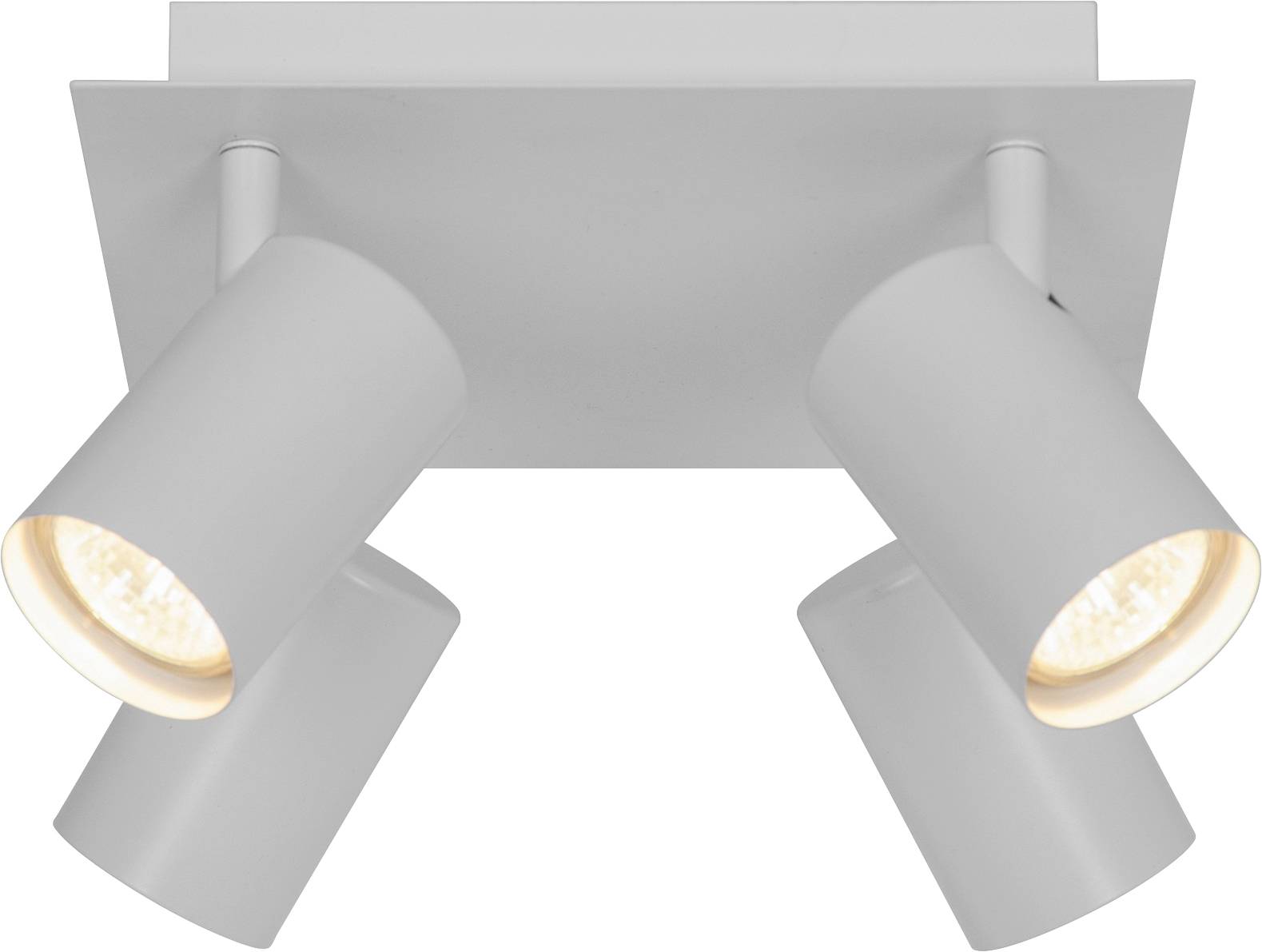 Un luminaire blanc monté au plafond avec quatre projecteurs orientables, chacun orienté dans une direction différente, est allumé.