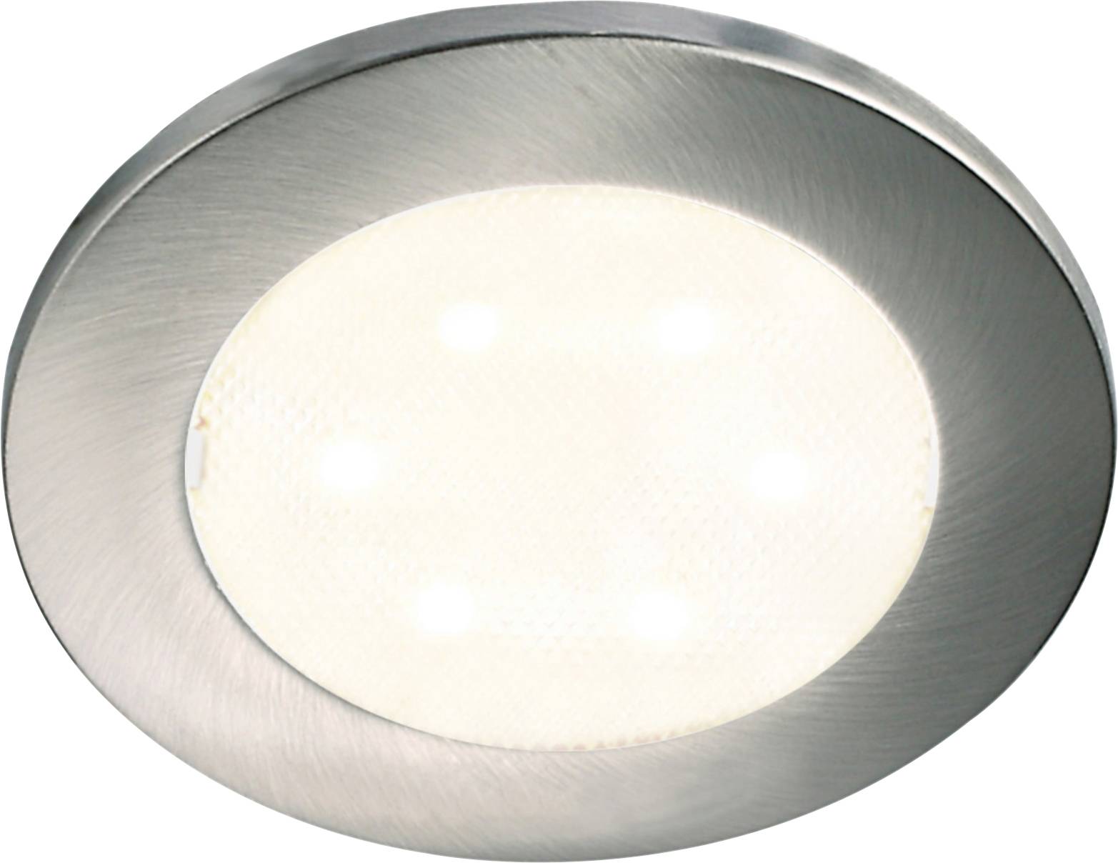 Un luminaire de plafond LED encastré de forme ronde avec un cadre métallique brossé, émettant une lumière blanche brillante.