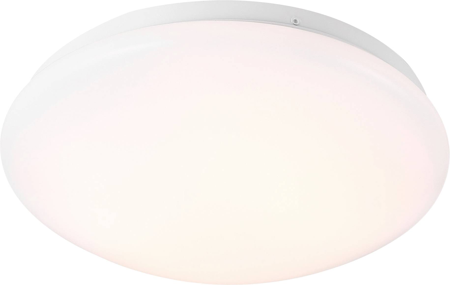 Un luminaire de plafond rond et blanc avec une surface lisse et givrée qui diffuse la lumière de manière uniforme.