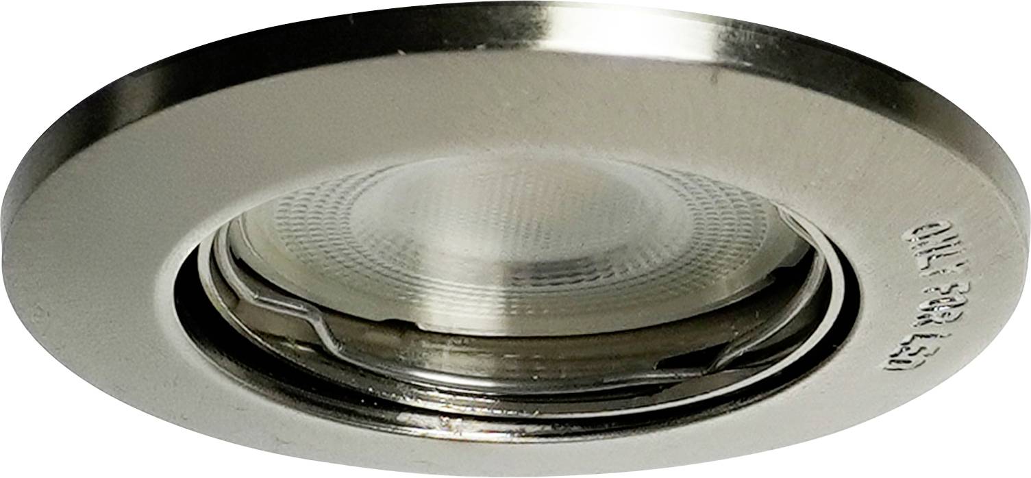 Un luminaire LED encastré rond, métallique, avec un verre de protection, adapté à l'installation au plafond intérieur.