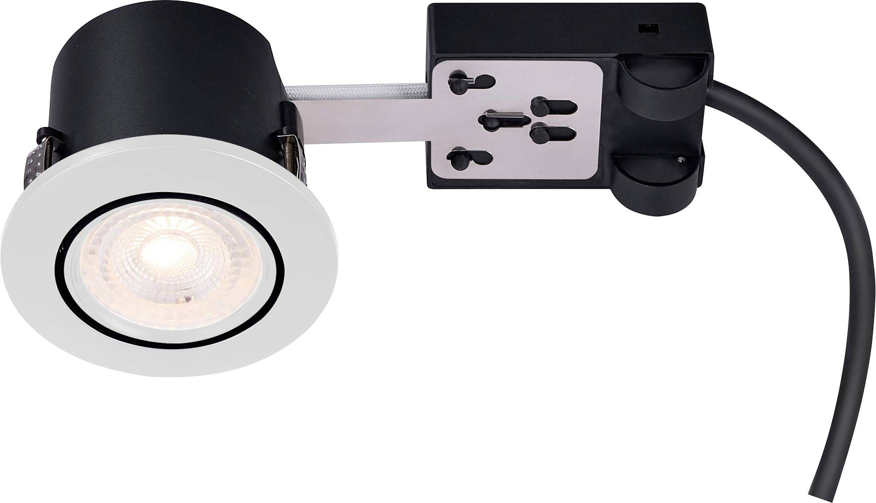 Luminaire LED encastré au plafond avec un habillage noir et blanc réglable, conçu pour un éclairage directionnel dans les espaces intérieurs.