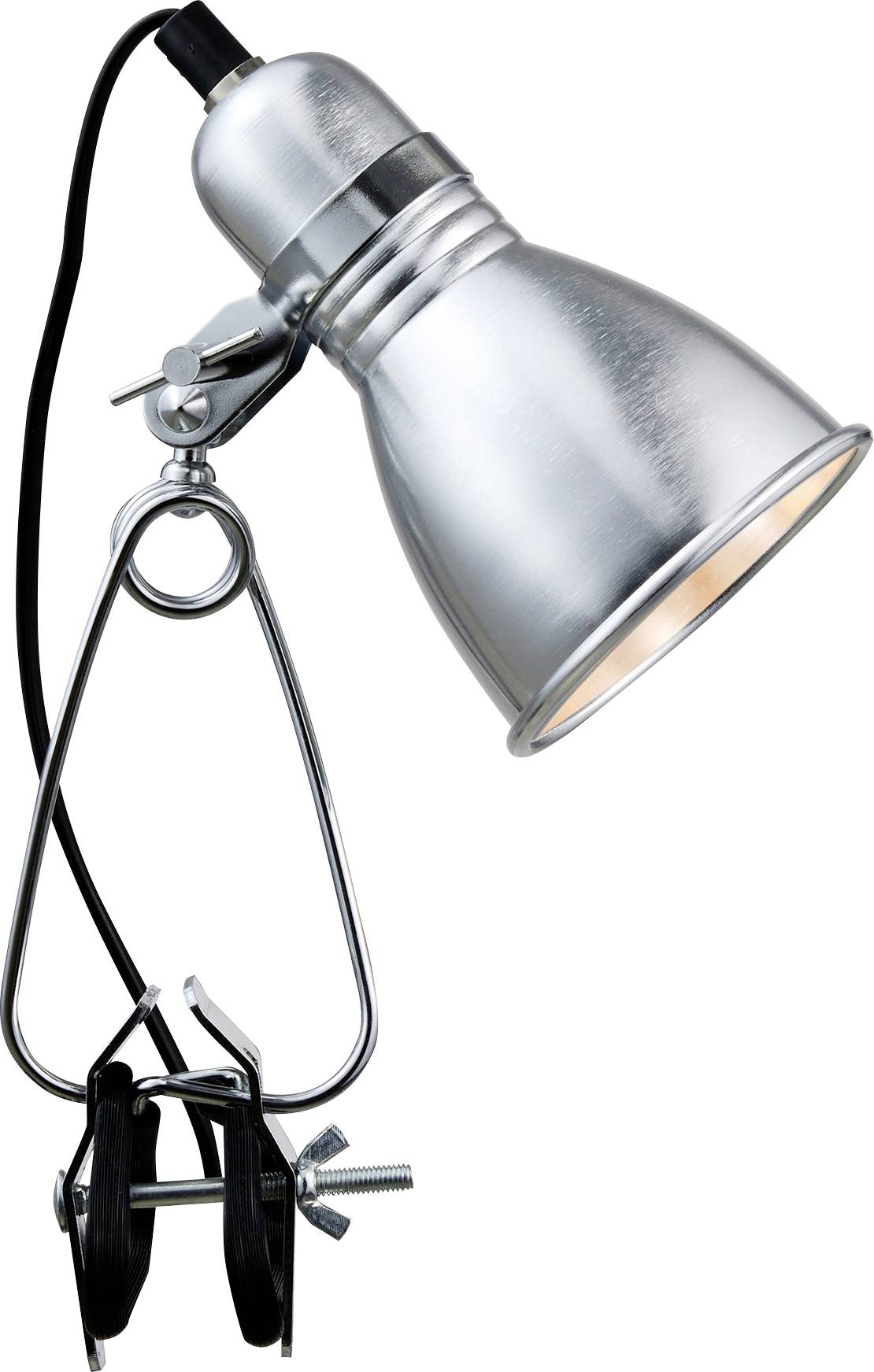 Lampe à pince en métal argenté avec abat-jour conique, bras ajustable et cordon d'alimentation noir, conçue pour des solutions d'éclairage polyvalentes.