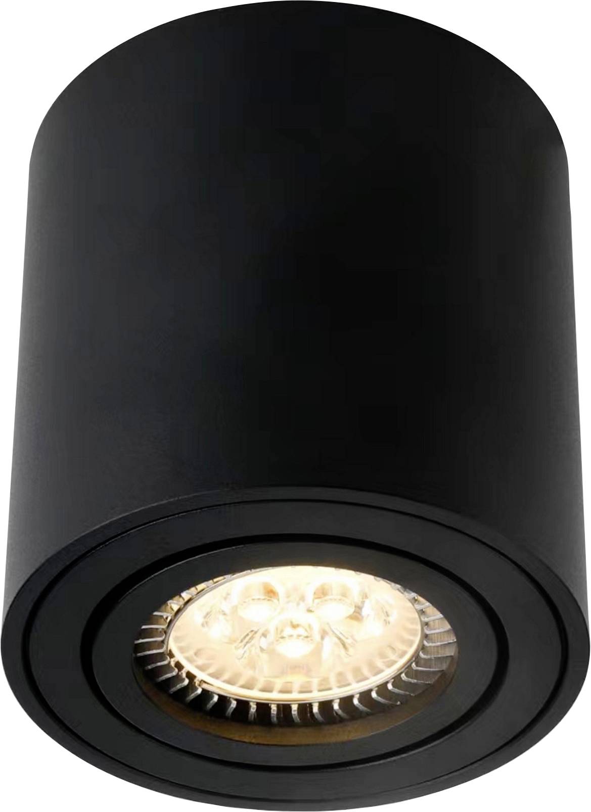 Une lumière de plafond cylindrique noire élégante, illuminée, montrant son design moderne.