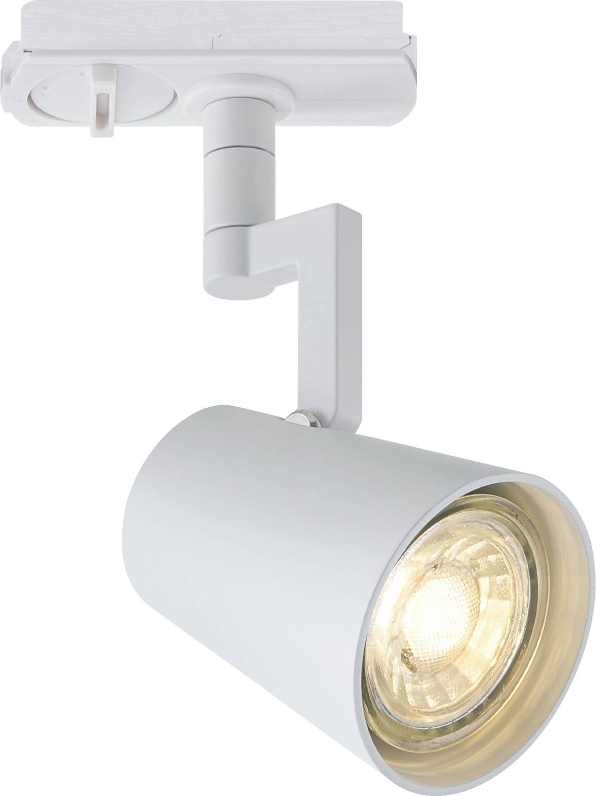 Un plafonnier blanc moderne avec un projecteur cylindrique, monté sur un système de rail au plafond, illuminant vers le bas.