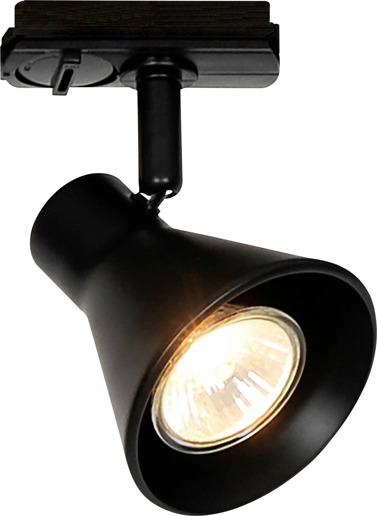 Projecteur noir en forme de cône, émettant une lumière chaude, monté sur un rail.