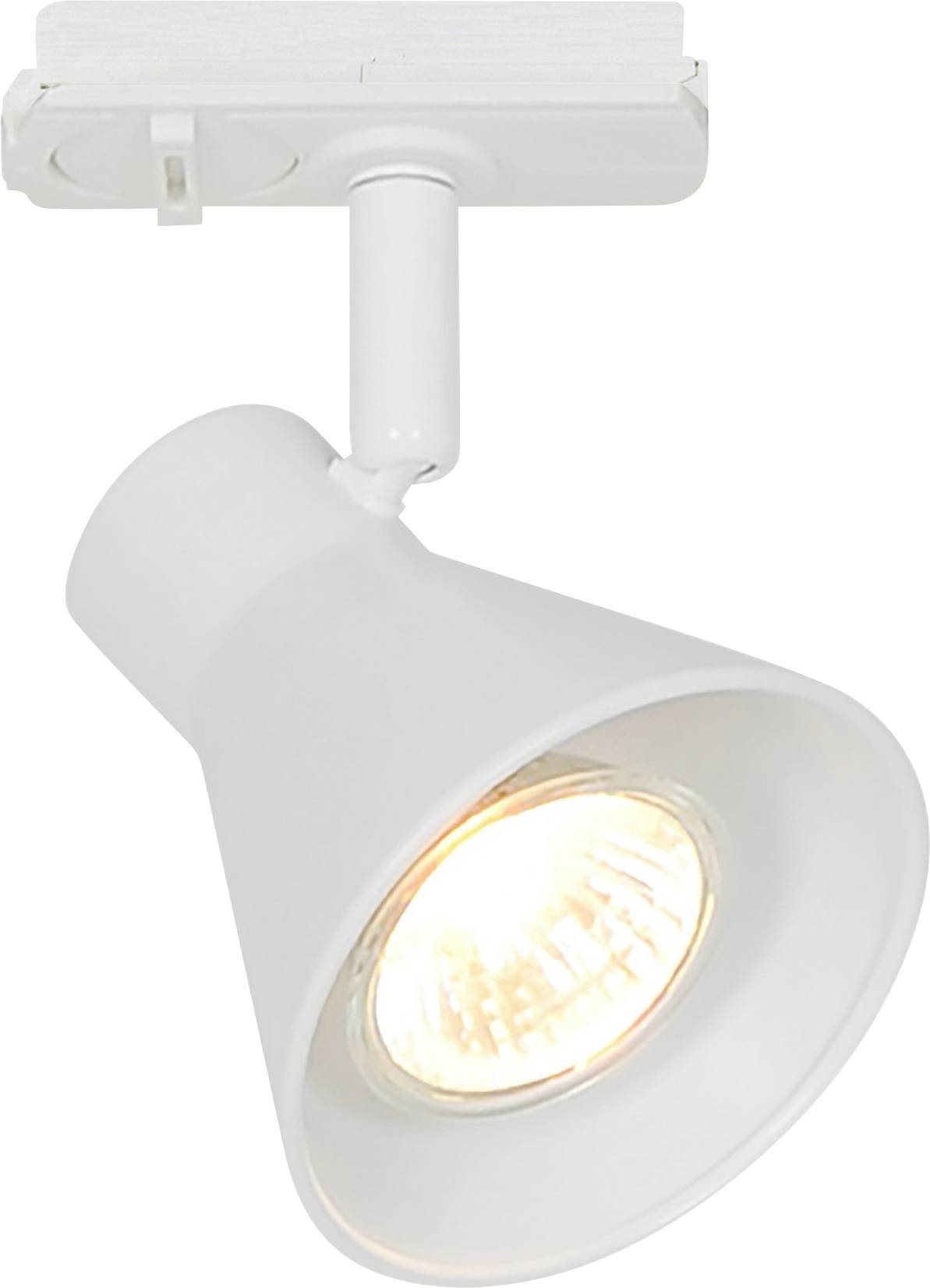 Un luminaire de piste blanc avec un diffuseur d'ampoule en forme de cône, orienté vers le bas, émettant une lumière jaune chaud.