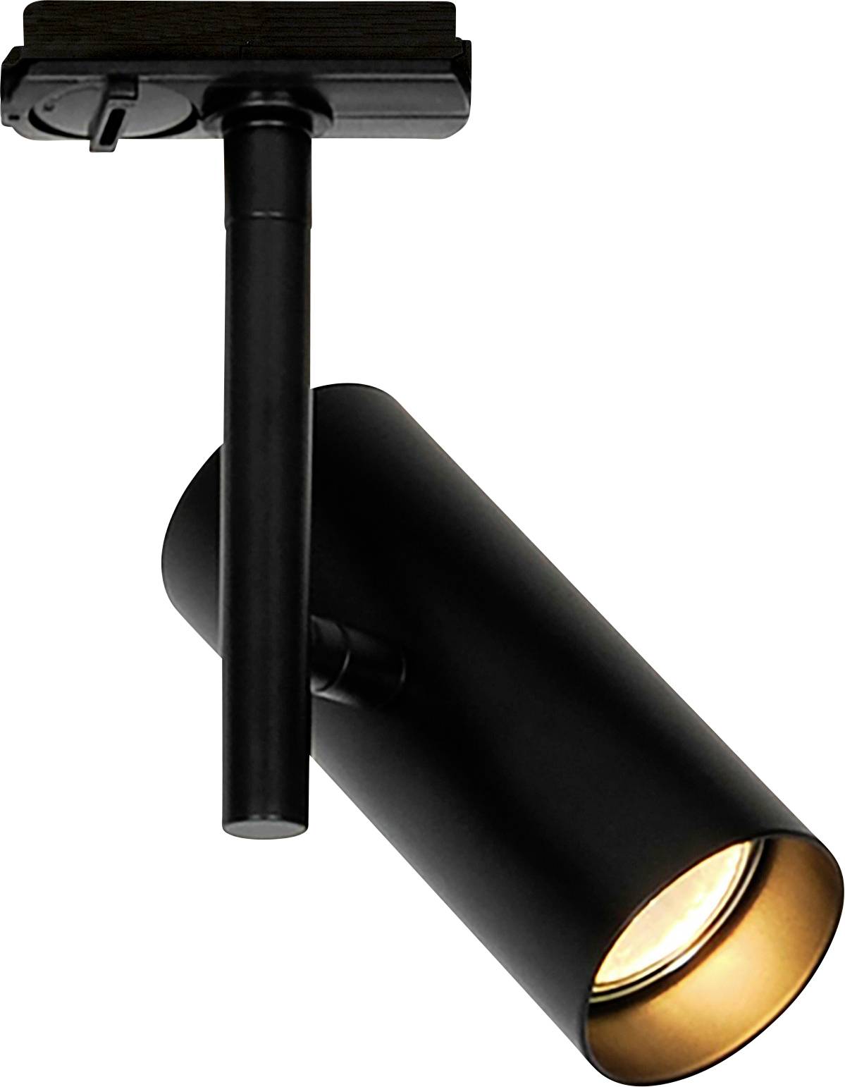 Un luminaire sur rail de plafond cylindrique noir avec une ampoule brillante orientée vers le bas, monté sur un rail de plafond.
