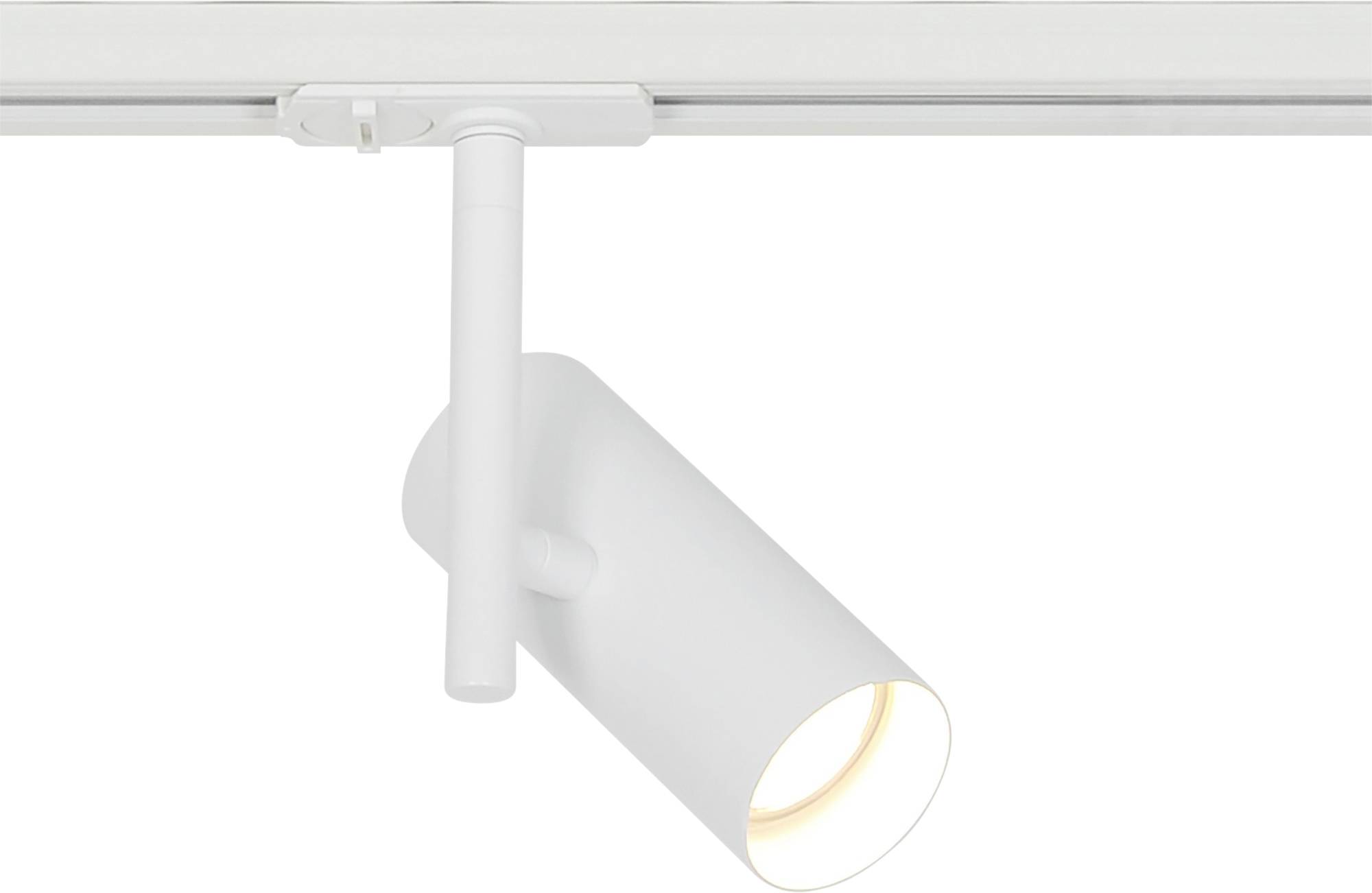 Un luminaire de rail d'éclairage blanc avec une lumière cylindrique, luisant doucement, fixé à un rail linéaire.