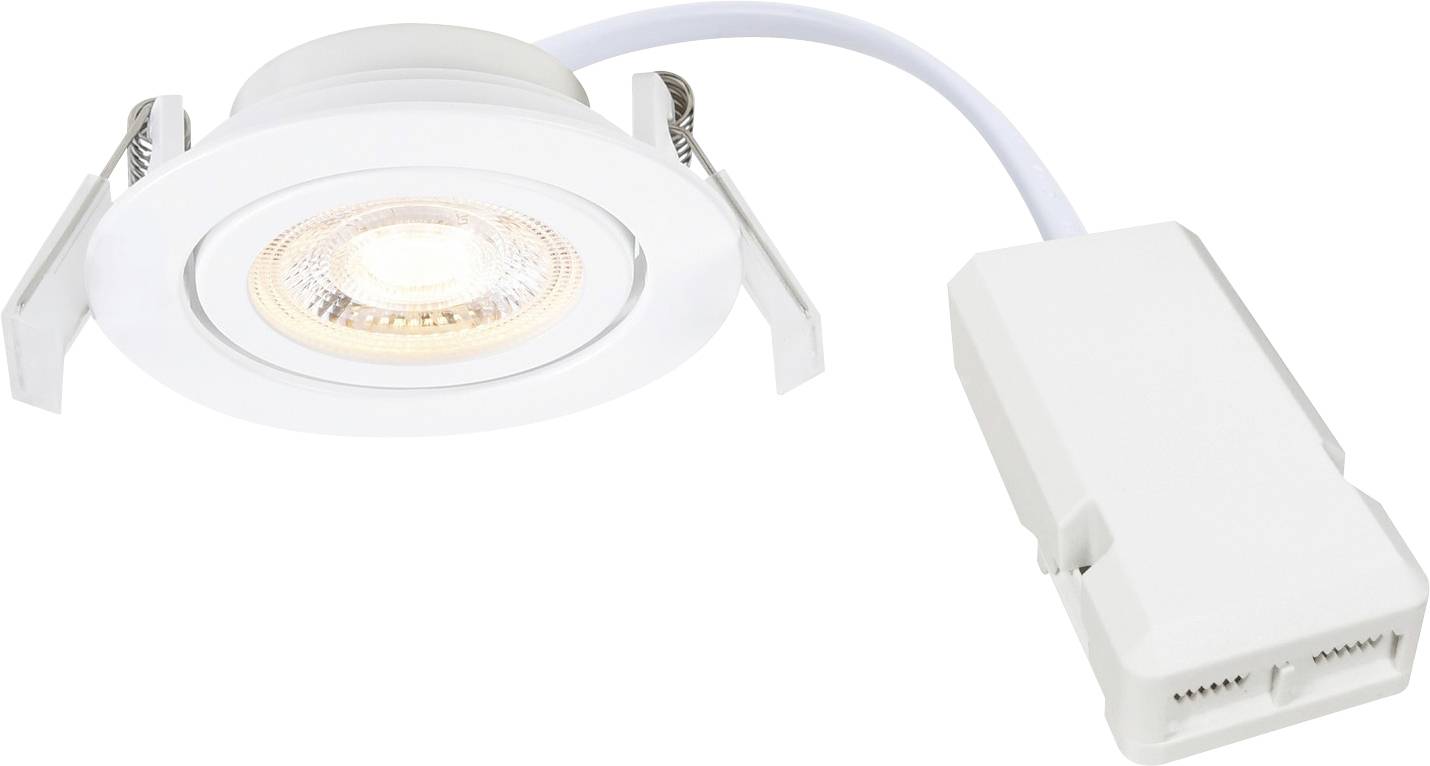 Luminaire LED encastré avec une bague ronde ajustable et un boîtier de jonction blanc connecté. Convient pour les installations au plafond.
