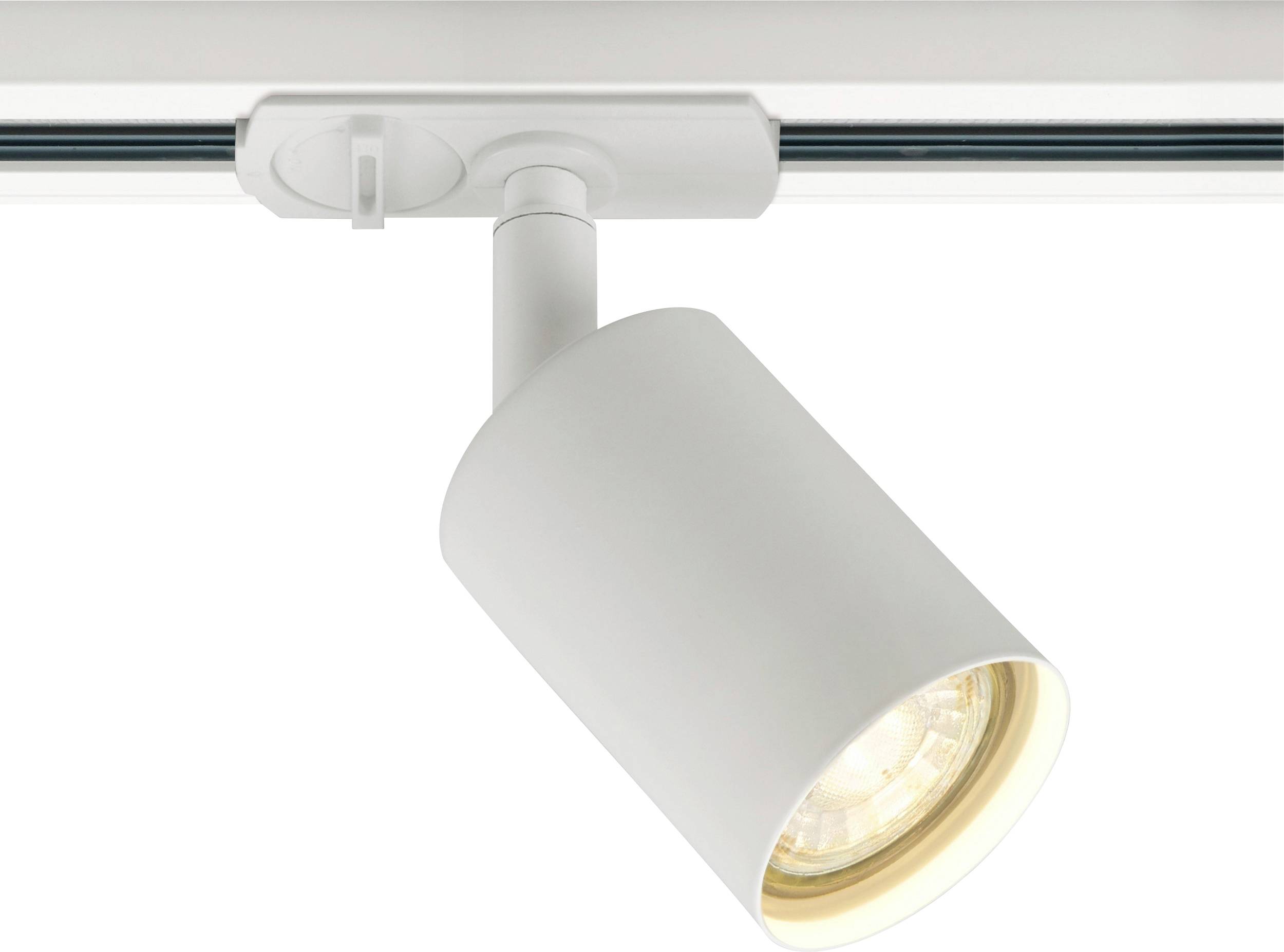 Un luminaire de rail de suivi blanc avec un projecteur cylindrique, monté sur un rail, illuminé d'une lumière chaleureuse.