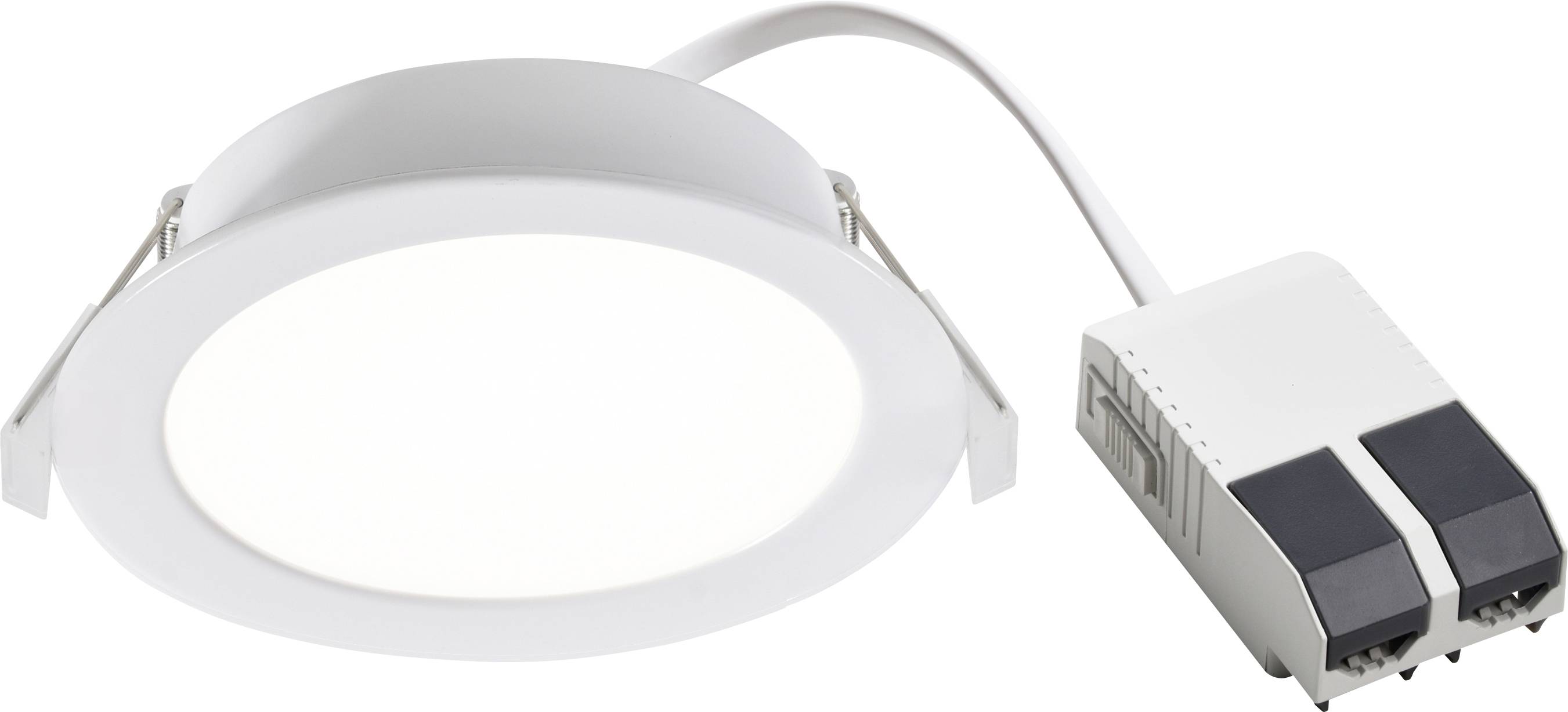 Un luminaire de plafond encastré LED blanc rond avec alimentation électrique intégrée et deux interrupteurs noirs, adapté à l'éclairage intérieur moderne.