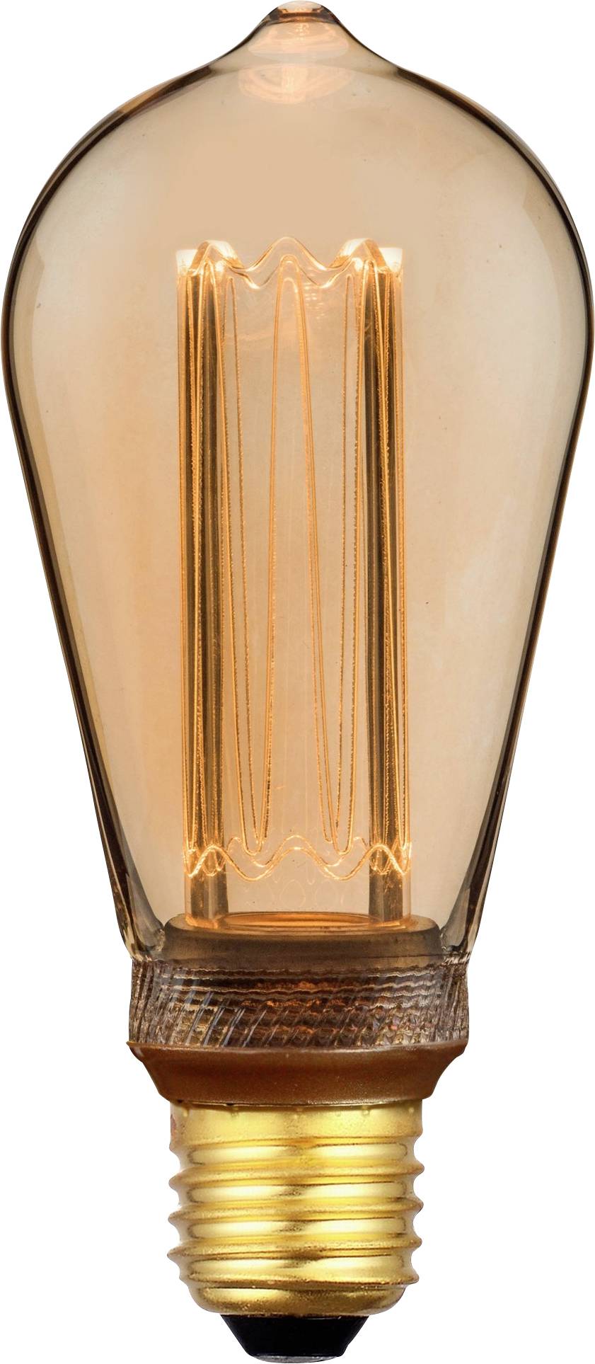 Une ampoule de style vintage avec des filaments luminescents visibles, encapsulée dans un verre transparent de forme en goutte d'eau, et une base à vis.