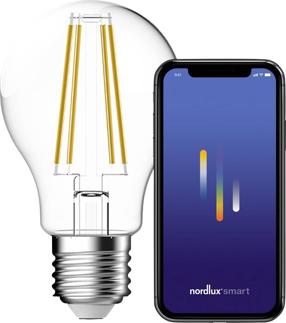 Un smartphone affichant l'application « nordlux smart » à côté d'une ampoule LED, suggérant le contrôle de l'éclairage intelligent.