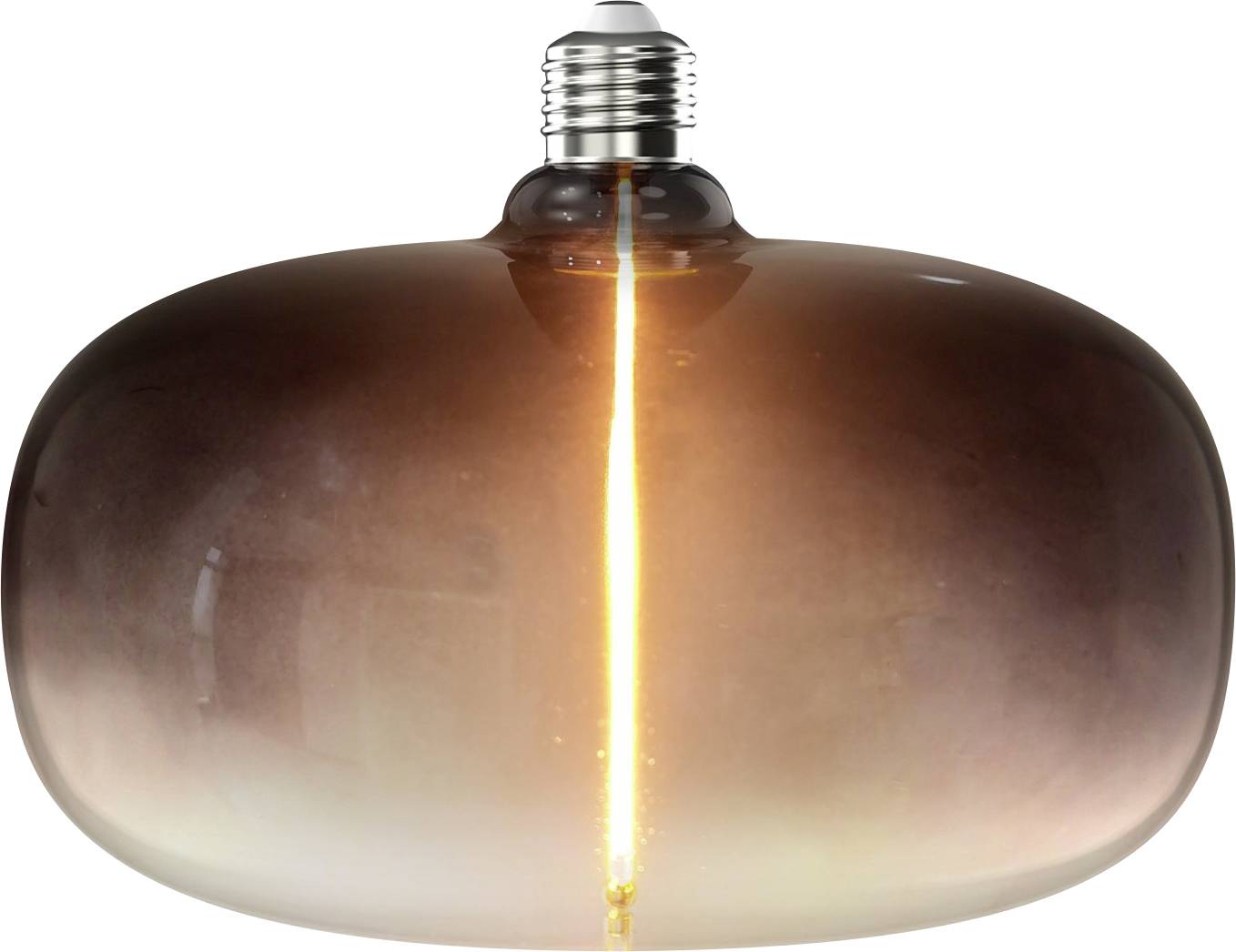 Une ampoule moderne au design en verre lisse et arrondi, teintée d'un dégradé du brun au transparent, émet une lueur verticale chaleureuse.
