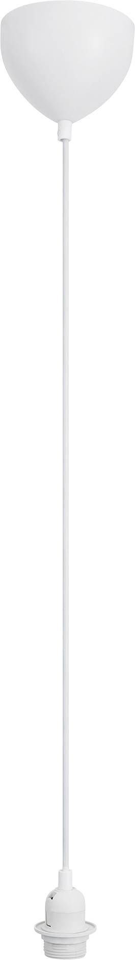 Un luminaire suspendu blanc avec un montage au plafond conique, un long cordon et un support d'ampoule, conçu pour l'éclairage par le haut.