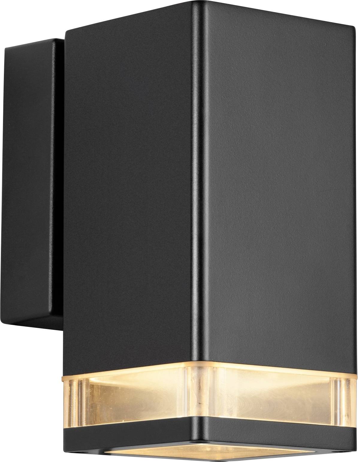 Un applique murale rectangulaire noire moderne avec une base transparente émet une lumière chaude, mettant en évidence son design épuré.