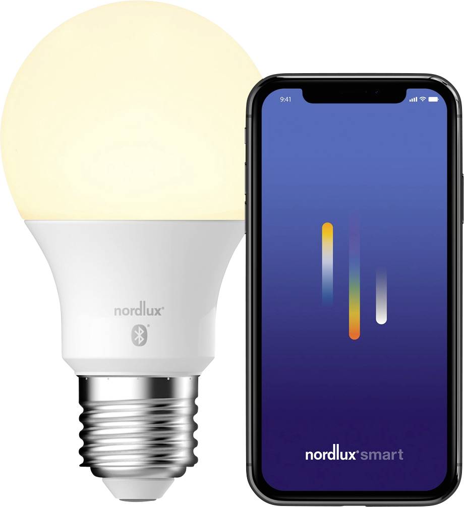 Une ampoule LED intelligente à côté d'un smartphone affichant l'interface de l'application intelligente Nordlux, indiquant la connectivité Bluetooth pour le contrôle.