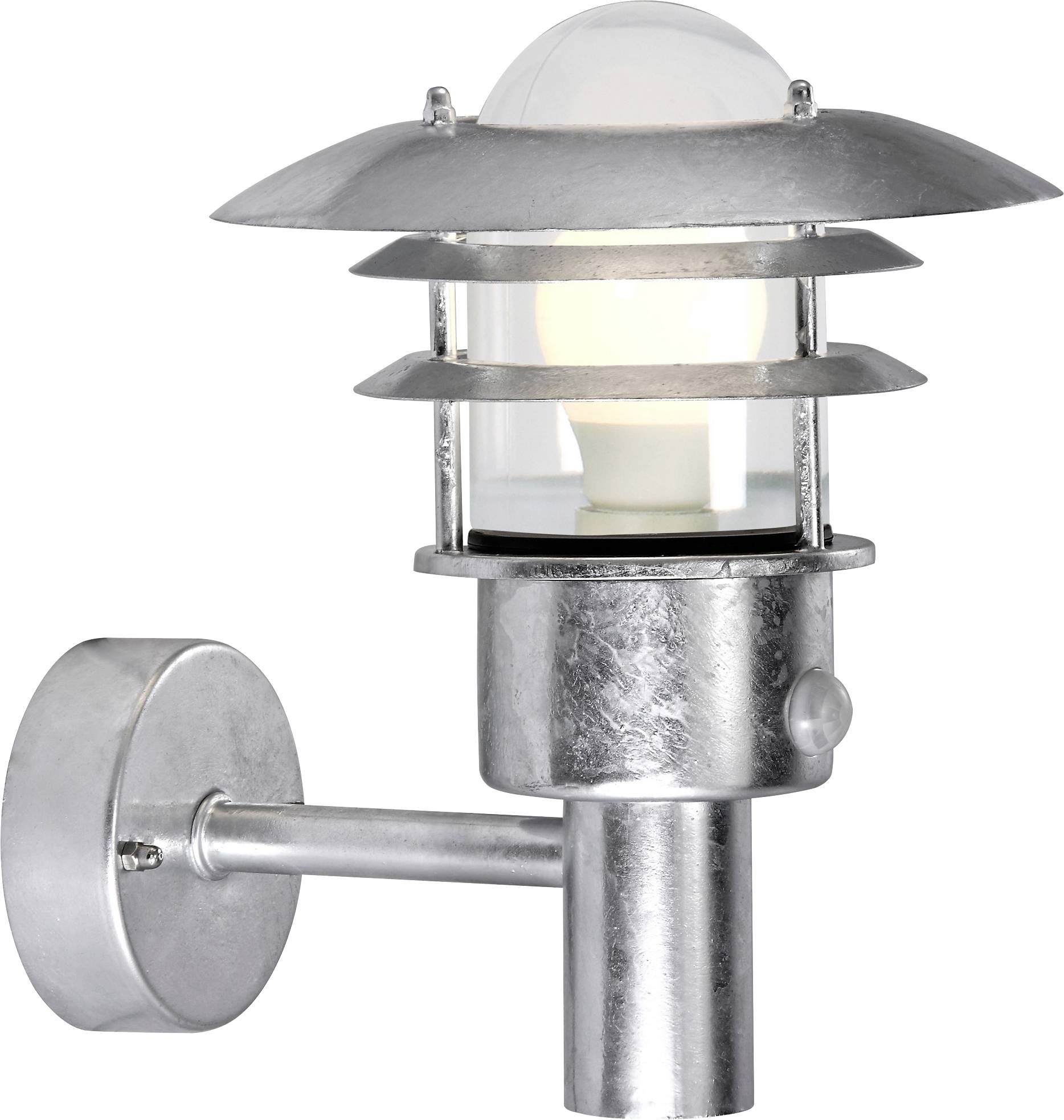 Un luminaire mural extérieur en argent au design moderne, présentant une base ronde, un bras vertical et un écran protecteur à couches superposées au-dessus de l'ampoule.